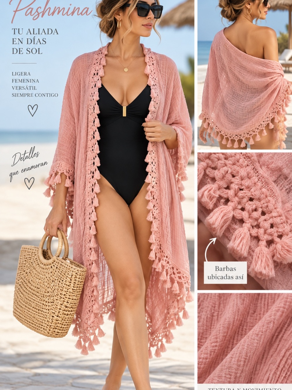 Women’s Pink Crochet Trim Pashmina Cover-Up